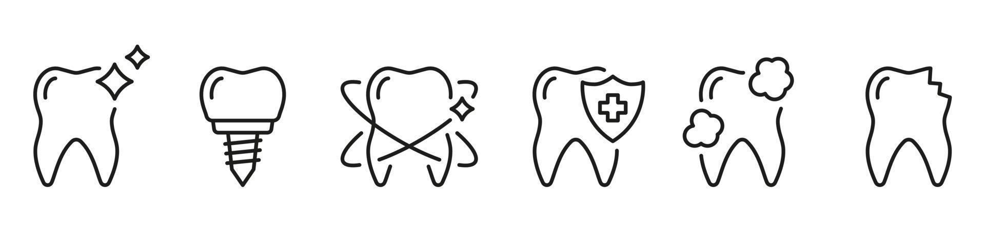 tand vård linje ikon uppsättning. dental implantera, ortodontisk skydd linjär piktogram. blekning procedur. tandvård översikt symbol. dental behandling tecken. redigerbar stroke. isolerat vektor illustration.