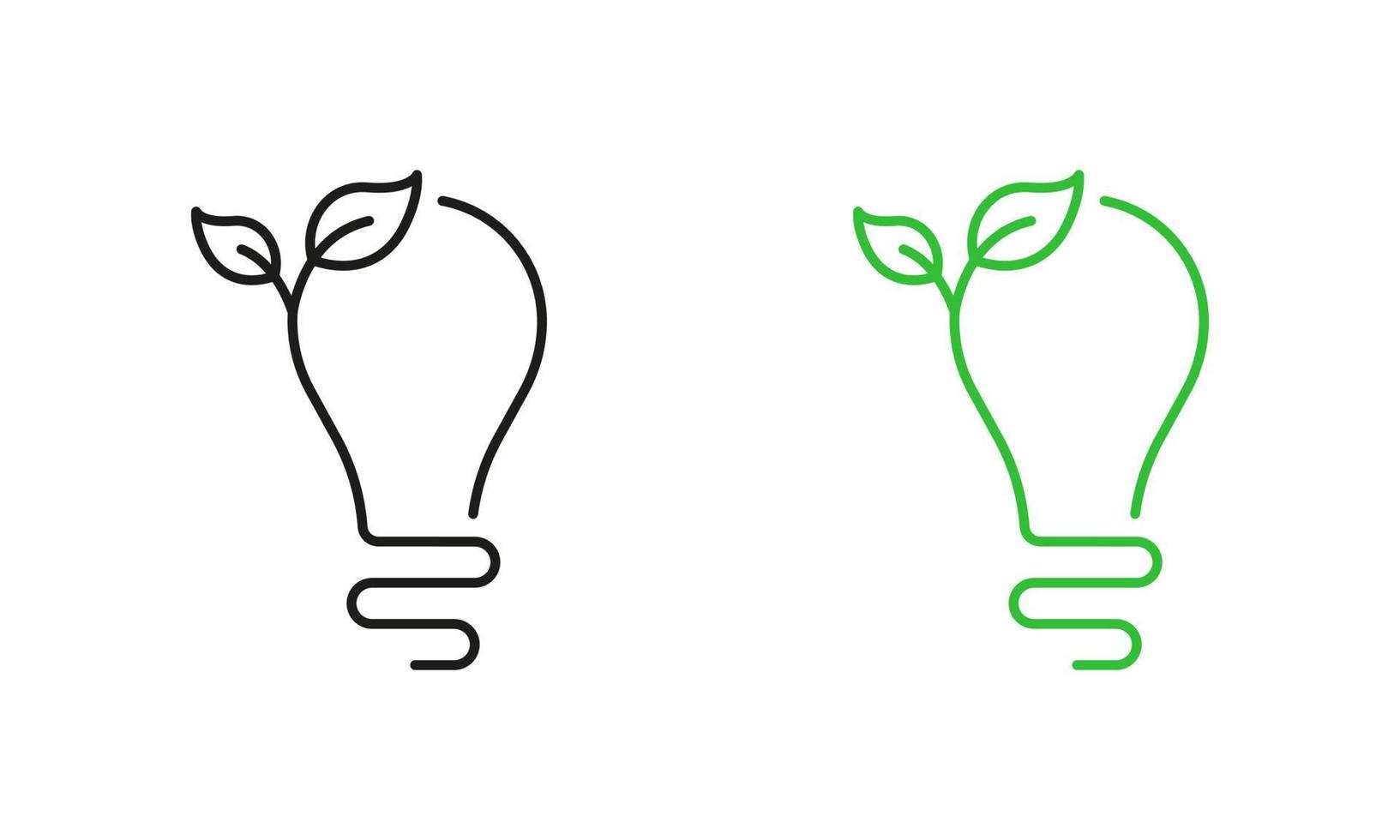 ekologi lampa med blad miljö bevarande linje ikon Färg uppsättning. ekologisk låg energi glödlampa piktogram. ljus Glödlampa eco elektricitet symboler på vit bakgrund. isolerat vektor illustration.