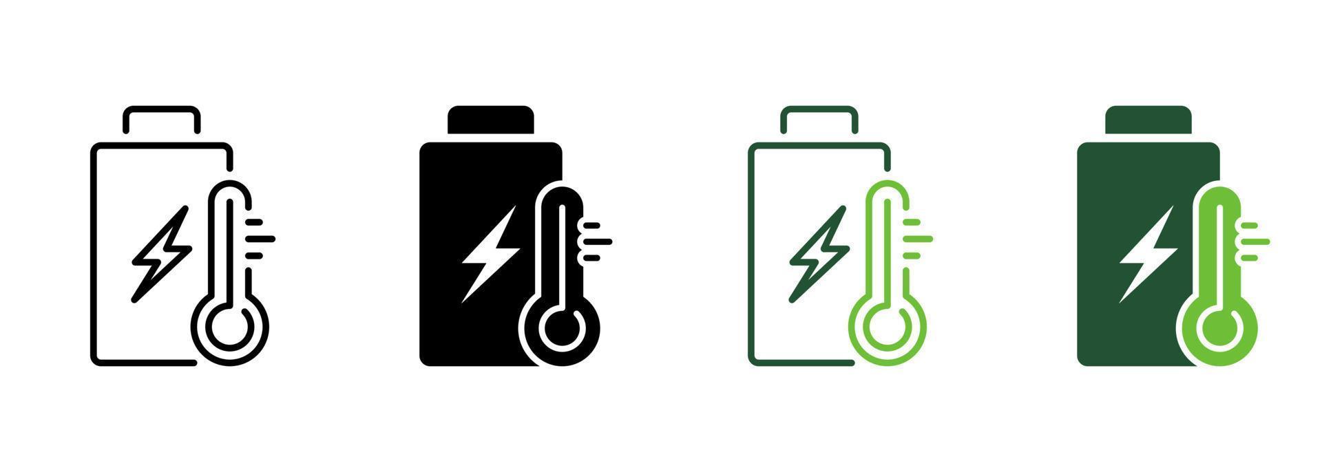 Öko verlängerbar Batterie kalt oder warm Temperatur Linie und Silhouette Symbol Satz. Akkumulator mit Thermometer Piktogramm. elektrisch Grün Energie Symbol Sammlung. isoliert Vektor Illustration.