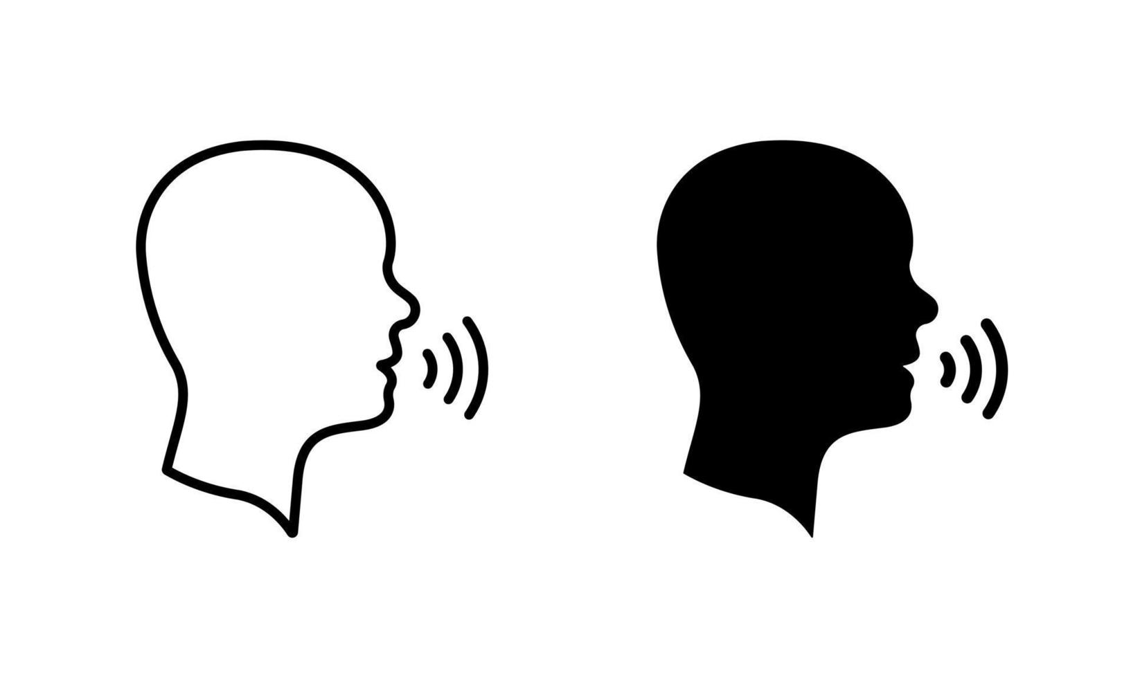 Mann sich unterhalten Silhouette und Linie Symbol Satz. Stimme Befehl mit Klang Wellen. Person Konversation Rede Symbol. Mann sich unterhalten Steuerung und Stimme Anerkennung unterzeichnen. editierbar Schlaganfall. isoliert Vektor Illustration.