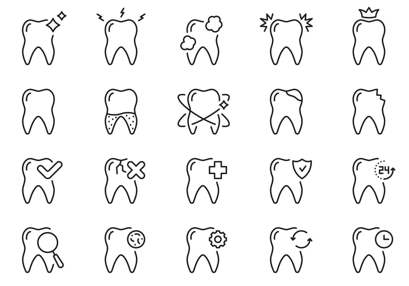 Zahn Linie Symbol Satz. Oral Pflege und Hygiene. Dental Behandlung. Zahnschmerzen, Karies, bleichen, Reinigung Zähne linear Piktogramm. Zahnheilkunde Gliederung Symbol. editierbar Schlaganfall. isoliert Vektor Illustration.