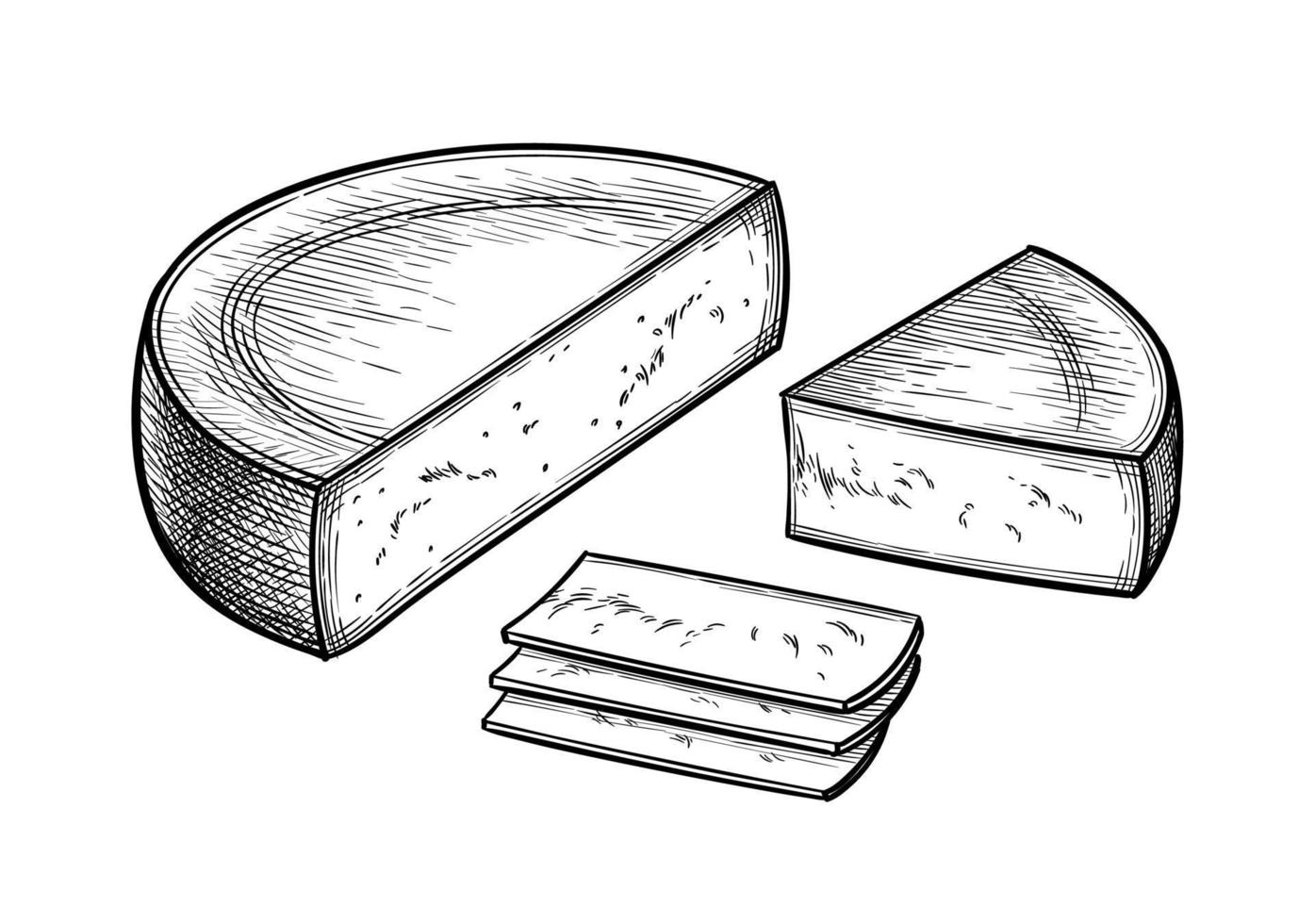 Gruyère. Hälfte runden von Käse, Block und Scheiben. Tinte skizzieren isoliert auf Weiß Hintergrund. Hand gezeichnet Vektor Illustration. Jahrgang Stil Schlaganfall Zeichnung.