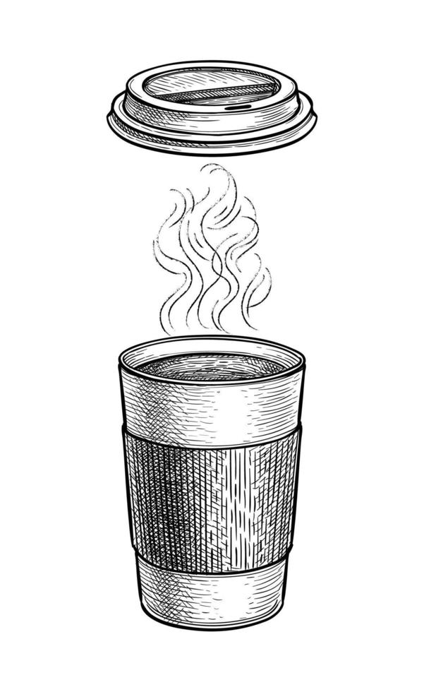 heiß trinken mit Dampf. Papier Tasse und Deckel. Kaffee oder Tee. Tinte skizzieren Attrappe, Lehrmodell, Simulation isoliert auf Weiß Hintergrund. Hand gezeichnet Vektor Illustration. retro Stil.