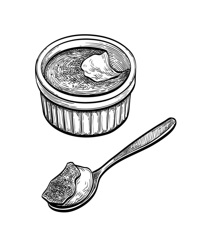 Creme Brulee. Tinte skizzieren isoliert auf Weiß Hintergrund. Hand gezeichnet Vektor Illustration. retro Stil.