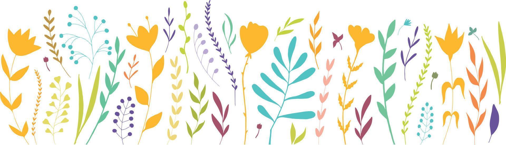 Blumen- Hintergrund mit verschiedene Hand gezeichnet Blumen im hell Farben. botanisch Elemente. Blume Bett. Blumen- Sammlung vektor