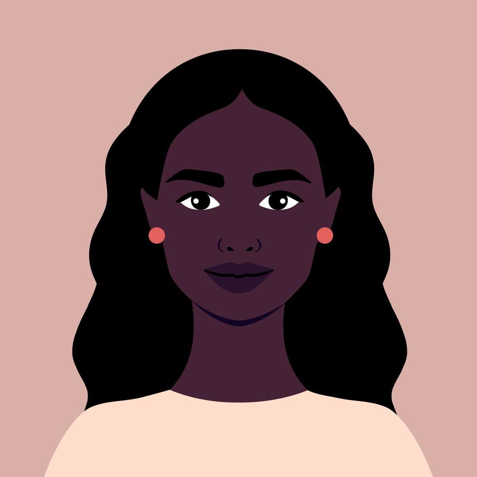 porträtt av en skön afrikansk kvinna. full ansikte porträtt i platt stil. avatar. kvinna. mångfald vektor