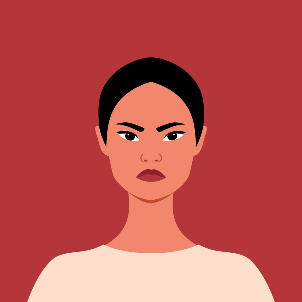 Porträt von ein wütend asiatisch Frau. mürrisch Mädchen. fällen Wut. voll Gesicht Porträt im eben Stil. Mensch Emotionen vektor