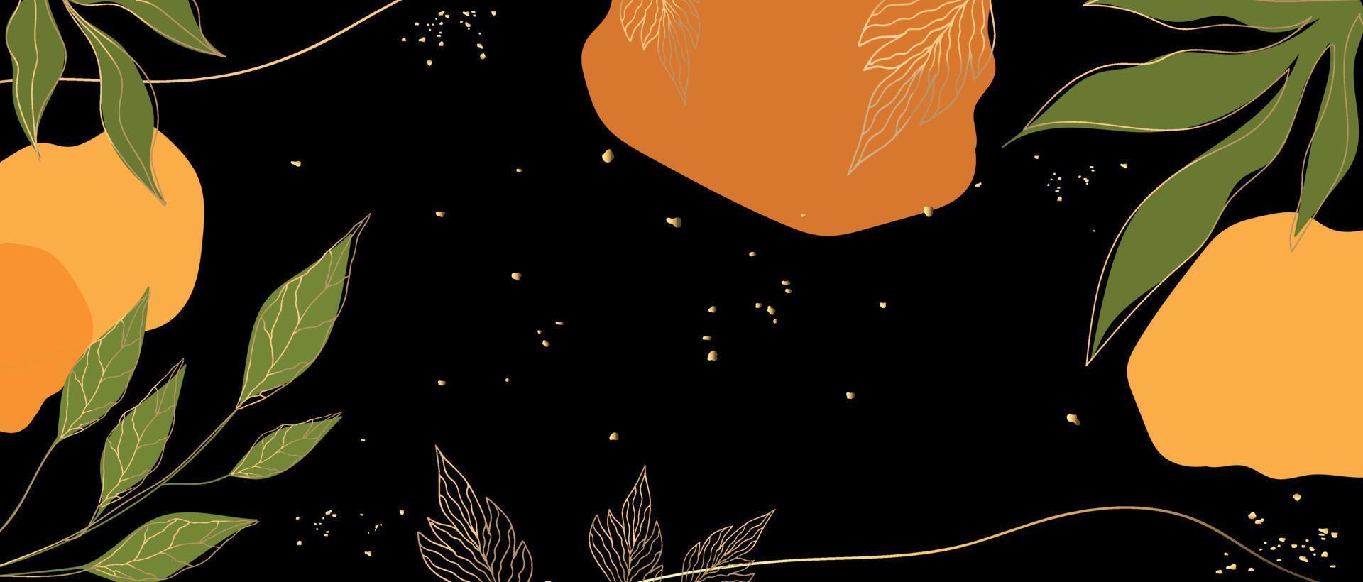 Gold, Grün und Orange Hintergrund mit Blätter und golden Linien. schwarz Hintergrund. geeignet zum speichern das Datum Karten, Einladungen und Hochzeit. modern und elegant Kunst vektor
