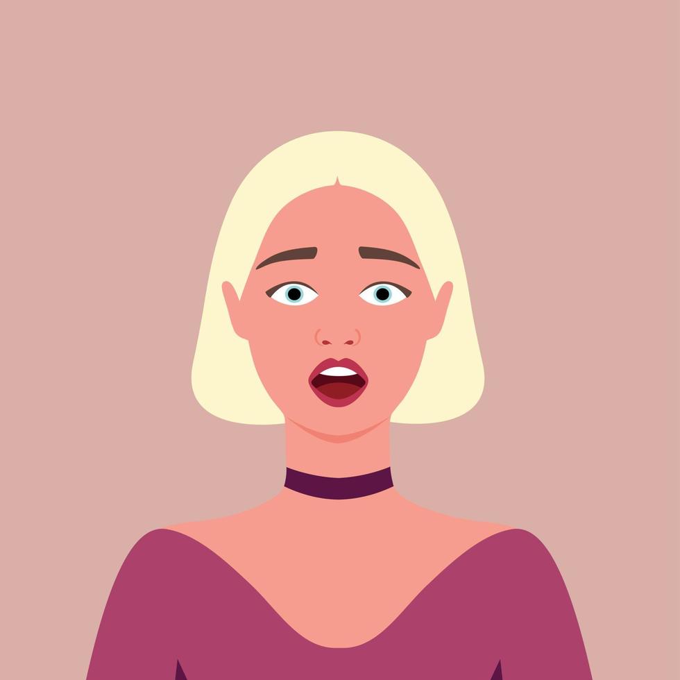 ung blond kvinna rädd. skrämd. rädsla. mänsklig känslor. kvinna. avatar. porträtt. platt stil vektor