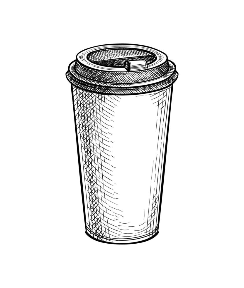 kaffe till gå. papper eller plast kopp med lock. bläck skiss attrapp isolerat på vit bakgrund. hand dragen vektor illustration. retro stil.