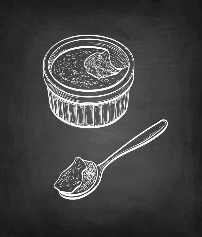 creme brulee. krita skiss på svarta tavlan bakgrund. hand dragen vektor illustration. retro stil.