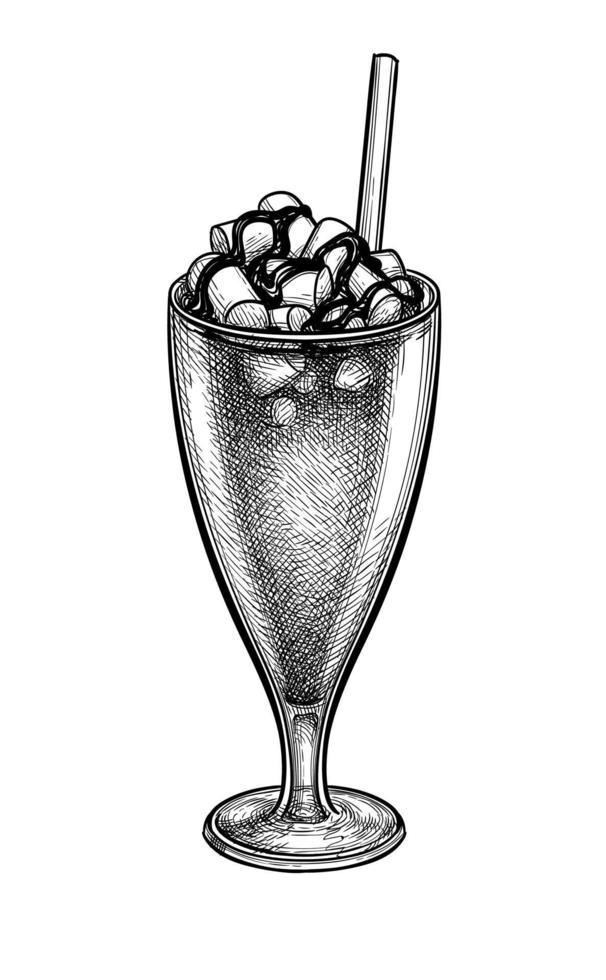 heiß Süss trinken mit Marshmallows und Karamell Füllung. Kaffee oder Kakao. stammte Glas mit Trinken Stroh. Tinte skizzieren isoliert auf Weiß Hintergrund. Hand gezeichnet Vektor Illustration. retro Stil.