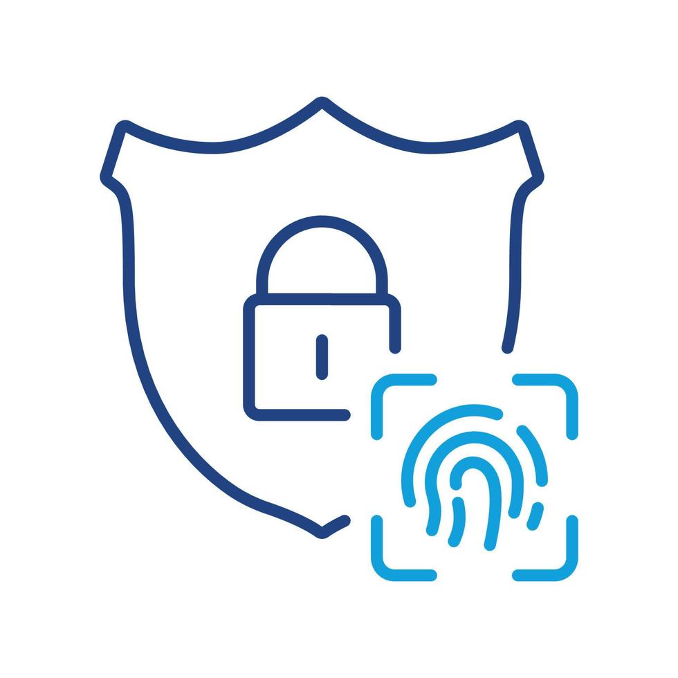 Fingerabdruck mit Schild und Schlosssymbol. biometrische identifikation, datenschutzpiktogramm. Zugriff durch Identitäts-Fingerabdruck-Gliederungssymbol. editierbarer Strich. isolierte vektorillustration. vektor