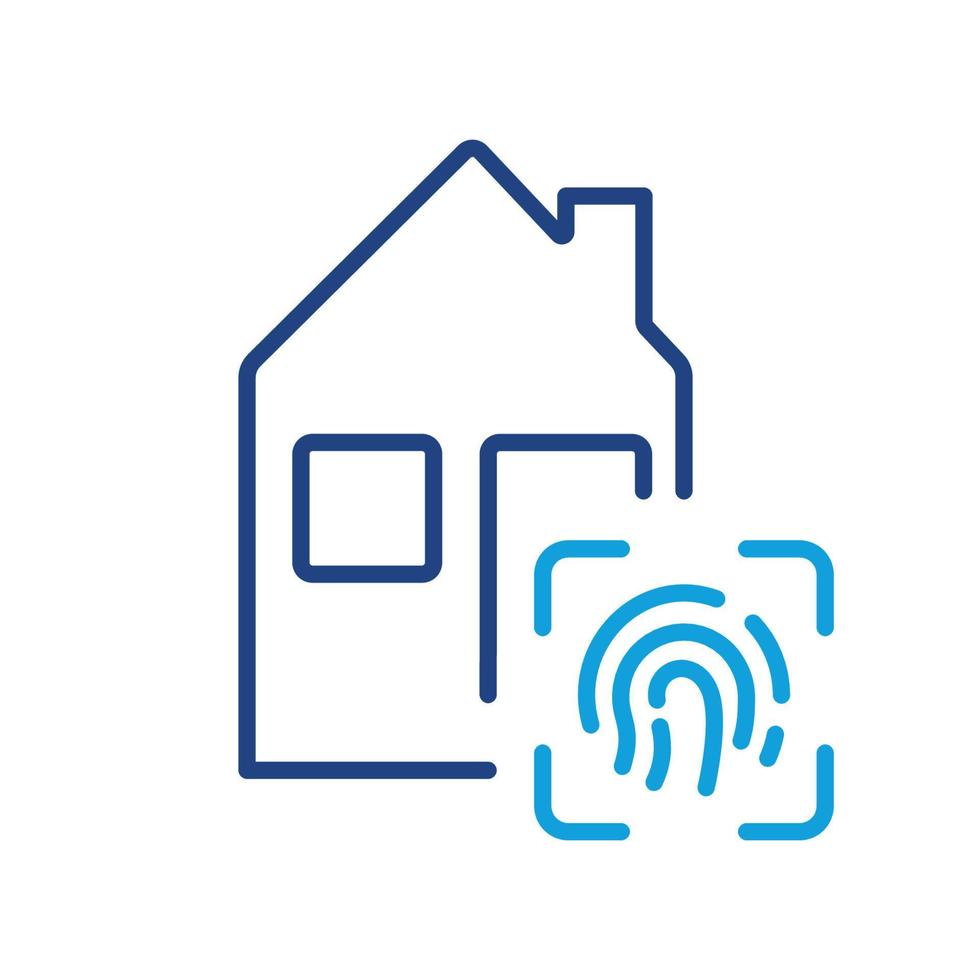 Smart Home mit Symbol für die Fingerabdrucklinie. immobilien mit biometrischer identifikationstechnologie durch fingerabdruckpiktogramm. Umrisssymbol für Sicherheitsgebäude. editierbarer Strich. isolierte Vektorillustration. vektor