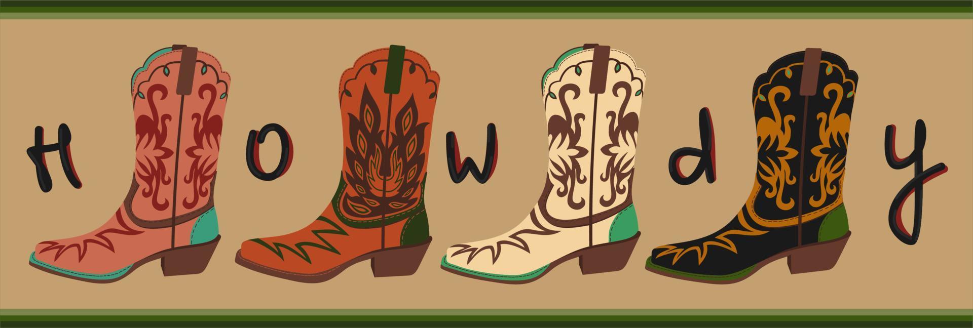 retro Cowboy Stiefel. Vektor Illustration mit Beschriftung. Hallo.