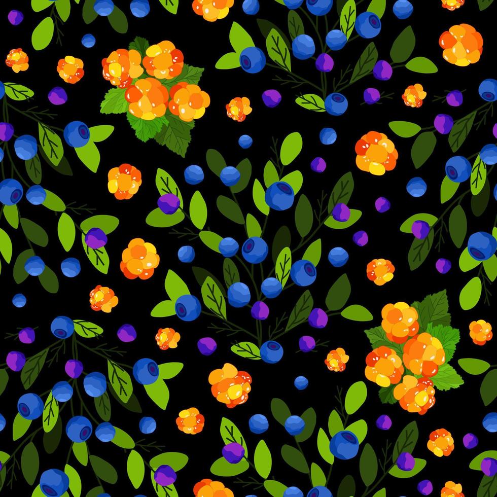 Vektor nahtlos Muster mit Moltebeere und Blaubeere mit Geäst und Blätter.