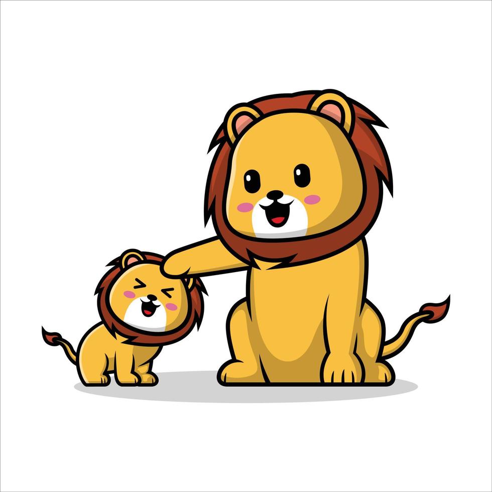 hand dragen lejon och de bebis tecknad serie vektor ikon illustration, djur- samling