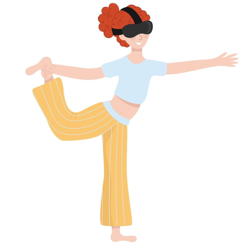 kvinna bär vr glasögon för praxis yoga och meditation på Hem. virtuell verklighet teknologi för mental och fysisk hälsa. platt vektor illustration.