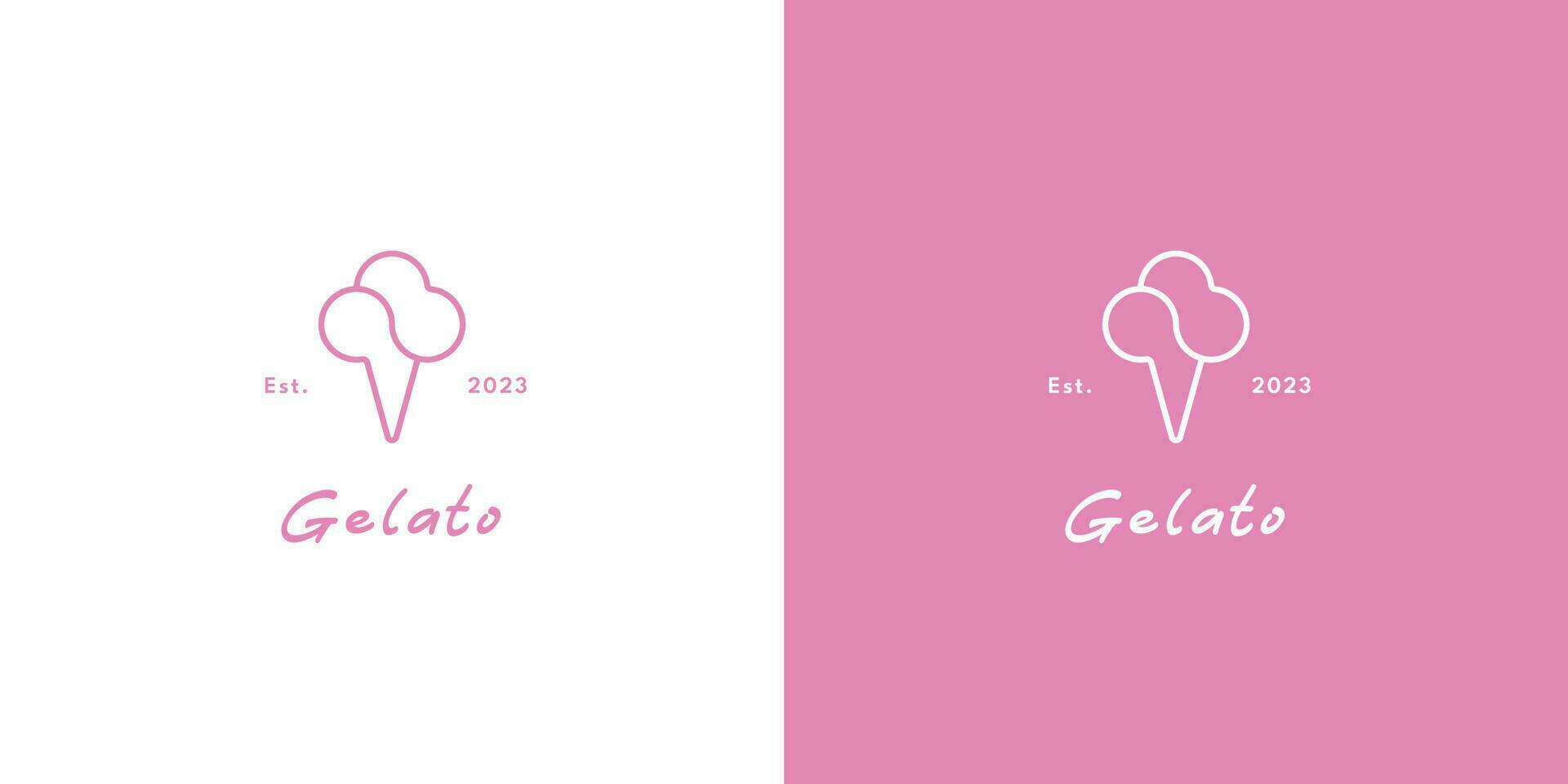 illustration av en minimalistisk gelato logotyp kreativ aning ikon vektor symbol platt, enkel, monoline silhuetter av mjölk, is grädde, och kall rosa drycker rena, elegant snabb mat. skopa, kon, fruktglass