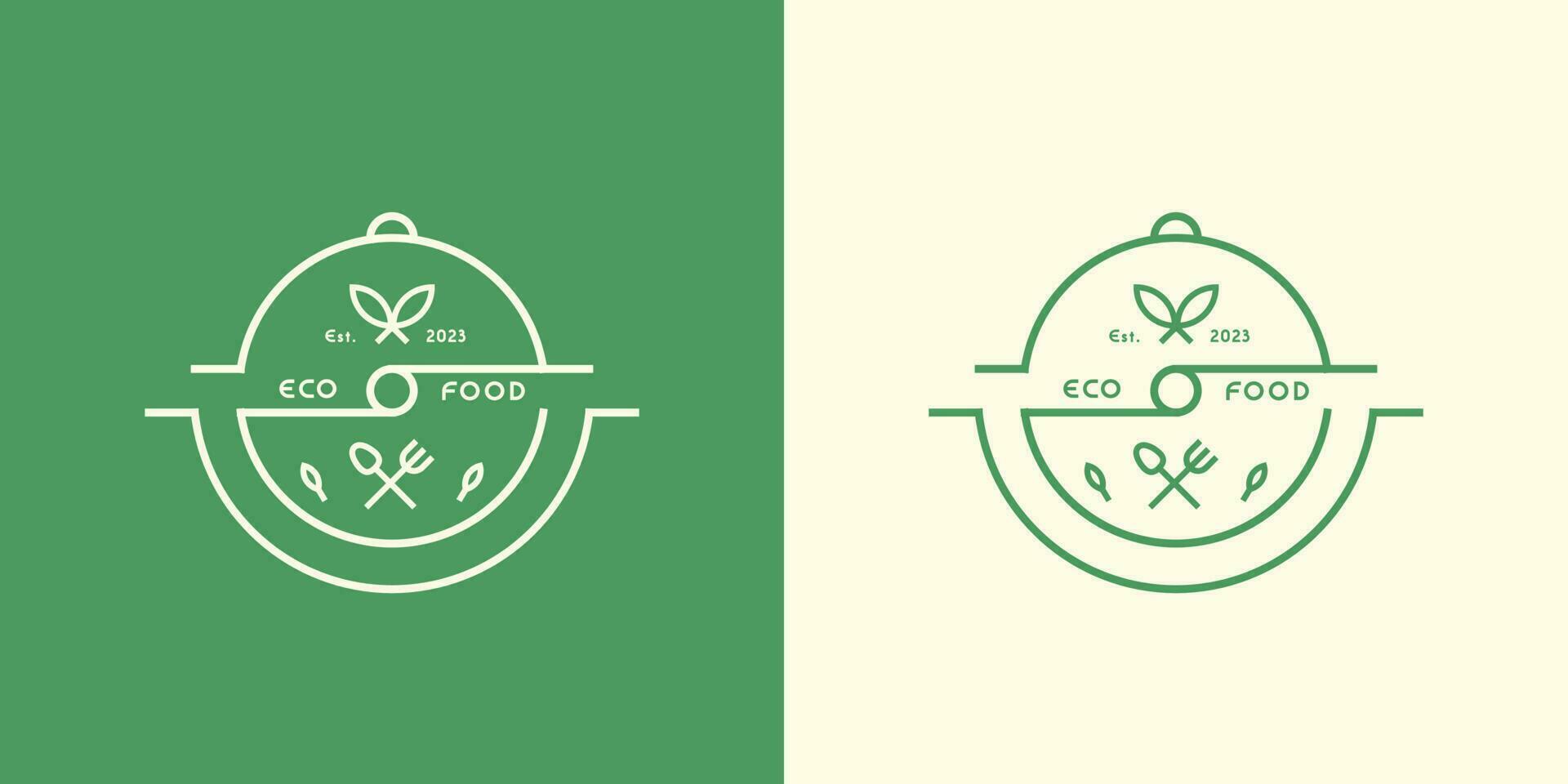 Öko-Lebensmittel Logo Design Illustration eben Symbol Vektor Symbol einfach Briefmarke Etikette Gabel Löffel Gericht frisch Natur elegant minimalistisch Linie kreativ Idee organisch Küche Cafe Blatt Mittagessen Abendessen Kantine