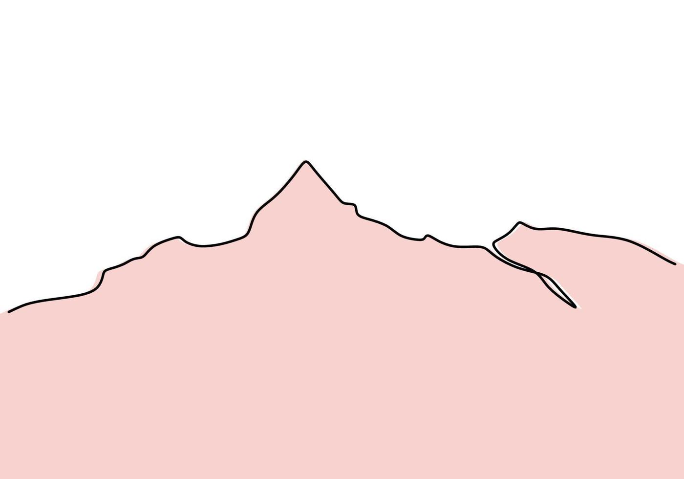 Gebirgslandschaft kontinuierliche einzeilige Vektorzeichnung. schöne Aussicht mit Bergen und frischer Luft. Natur, Felspanoramaskizze. Urlaubsferienkonzept lokalisiert auf weißem Hintergrund vektor