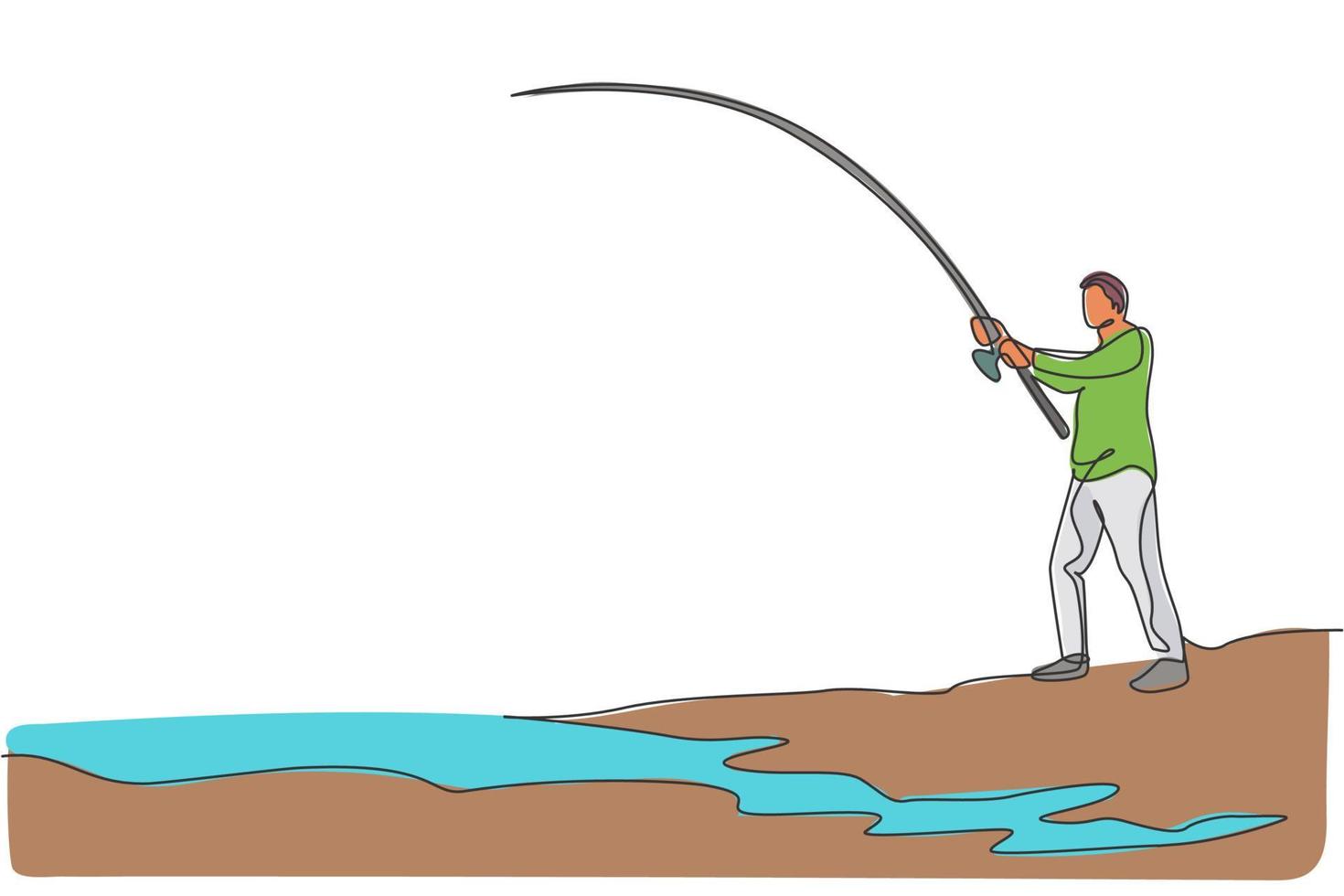 eine durchgehende Strichzeichnung eines jungen, glücklichen Fischers, der am Flussufer steht und einen Fisch fischt. angeln freizeit hobby urlaubskonzept. dynamische einzeilige zeichnen design vektorgrafik illustration vektor