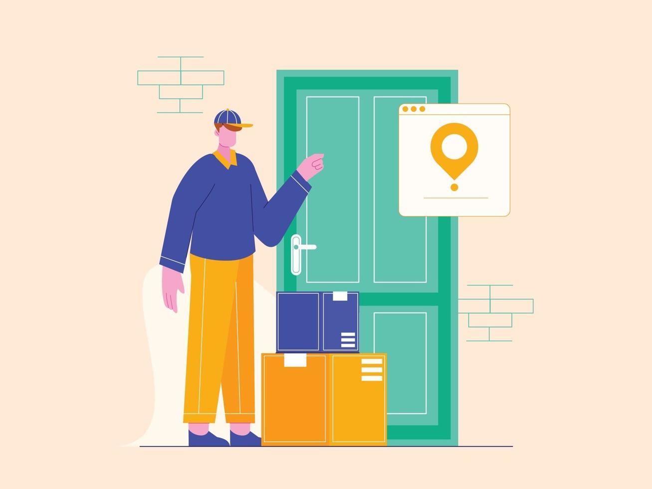 Vektorillustration des Service Delivery Man-Konzepts. Kurier lässt Paket an der Tür. vektor