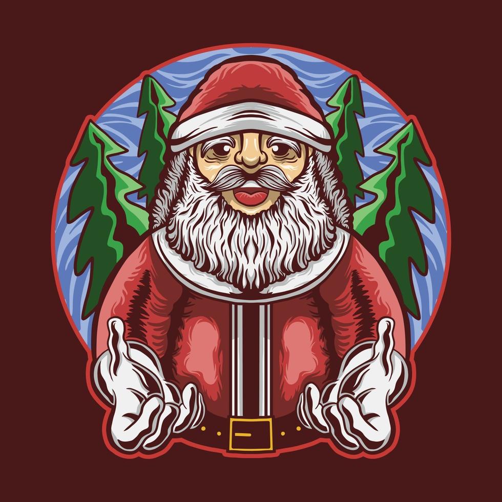 jultomten pose ger en hand med träd bakgrund vektor