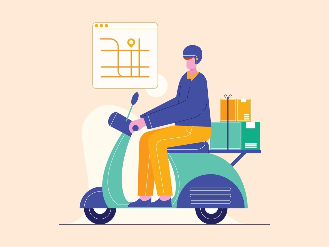 Mann Kurier fahren ein Motorrad mit Box Paket. Lieferservice Vektor-Illustration vektor