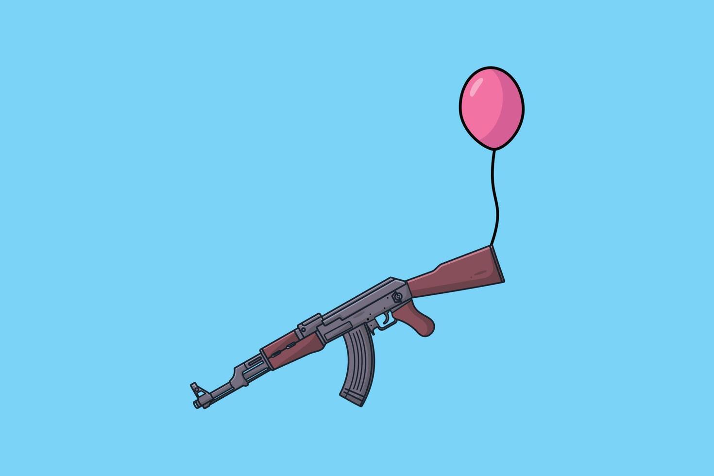 ak-47 Maschine Gewehr mit Ballon Vektor Illustration. Urlaub Objekt Symbol Konzept. Soldat Gewehr zum Schießen Vektor Design mit Schatten auf Blau Hintergrund.