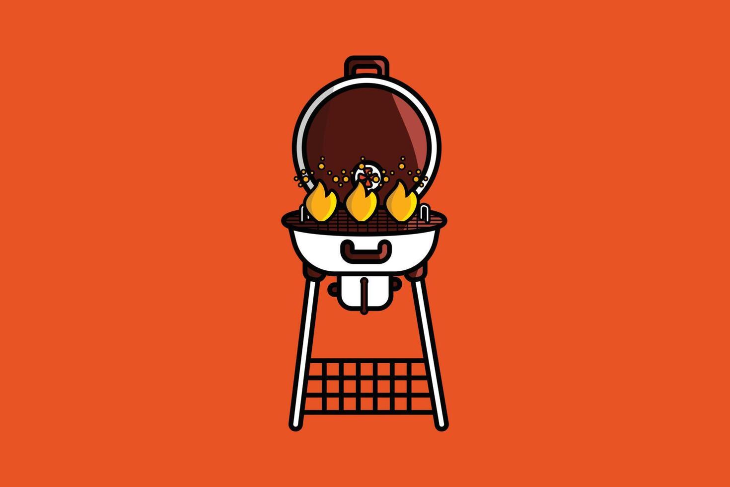 runden Grill Grill mit Flammen Vektor Illustration. Essen Grill Objekt Symbol Konzept. elektrisch Grill Grill Gerät zum braten Essen Vektor Design mit Schatten auf Orange Hintergrund.
