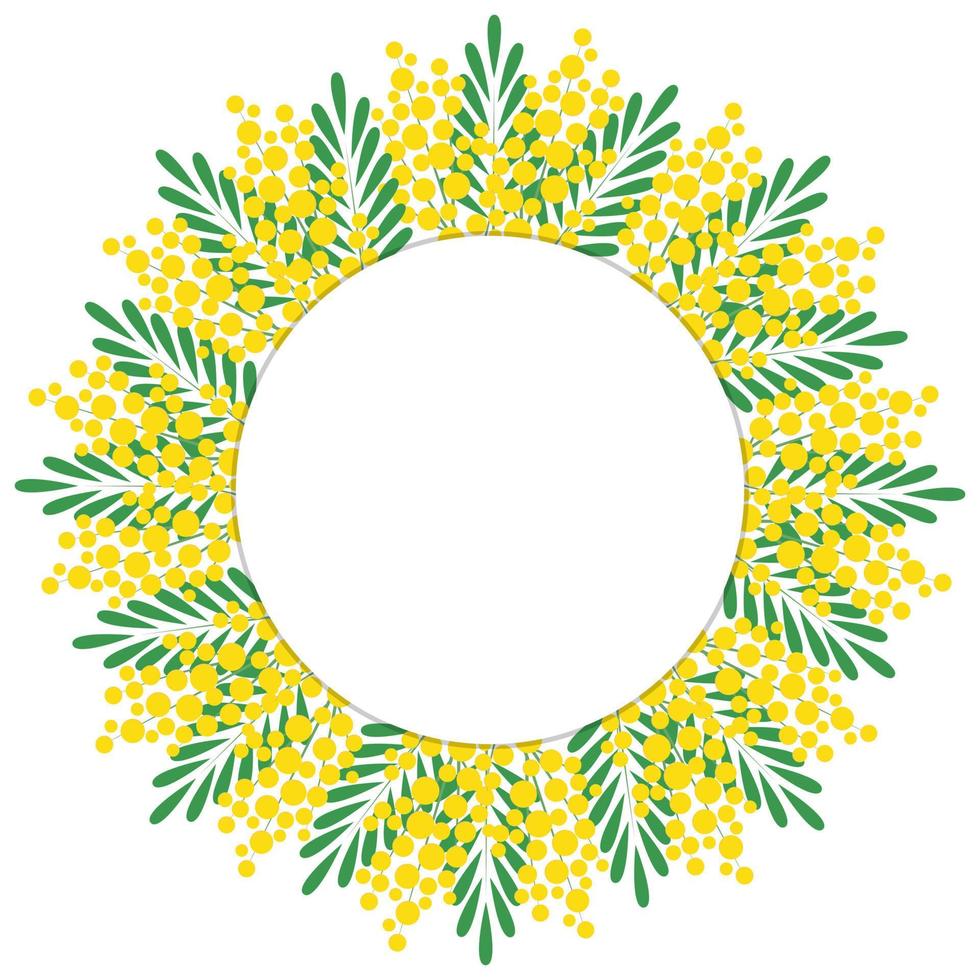dekorativ blommig cirkulär ram. ram tillverkad av grenar av en blomning mimosa. mall för vykort, inbjudan, hälsning kort. vektor illustration