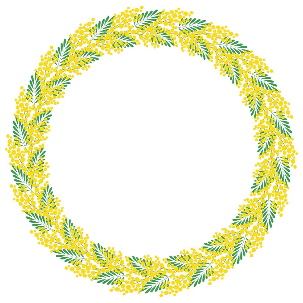 dekorativ Blumen- kreisförmig rahmen. Rahmen gemacht von Geäst von ein Blühen Mimose. Vorlage zum Postkarte, Einladung, Gruß Karte. Vektor Illustration