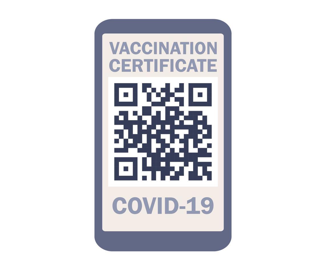 Gesundheit Reisepass von Impfung zum covid-19 Symbol. Zertifikat von Impfung auf Smartphone Bildschirm mit QR-Code und bestehen prüfen Kennzeichen geimpft. Coronavirus Impfung. Vektor eben Illustration