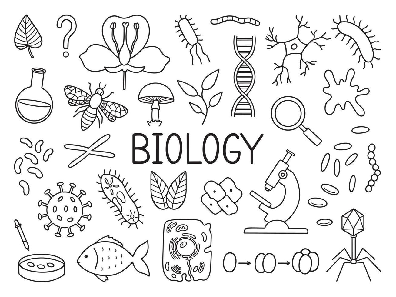 biologi klotter uppsättning. utbildning och studie begrepp. skola Utrustning, virus, bakterie i skiss stil. hand dragen vektor illustration isolerat på vit bakgrund