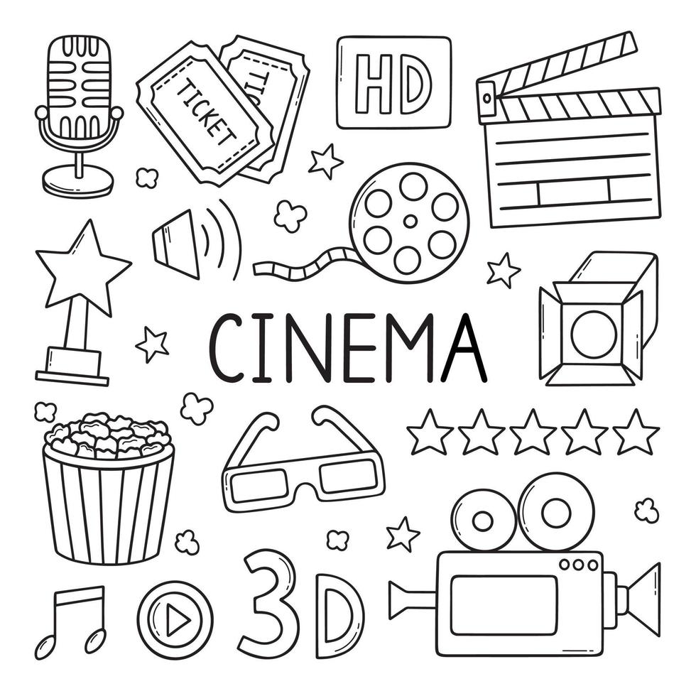 bio, filma klotter uppsättning. film element i skiss stil. kamera, filma remsa, popcorn, klaffbräda, biljett. hand dragen vektor illustration isolerat på vit bakgrund.