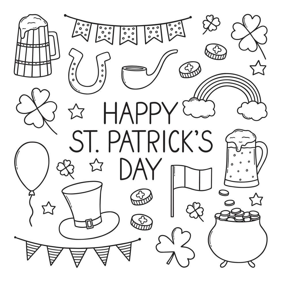 st. Patrick's Tag Gekritzel Satz. Kochen Elemente. Bier Tassen, Kleeblatt, Topf von Gold, Hut im skizzieren Stil. Hand gezeichnet Vektor Illustration isoliert auf Weiß Hintergrund.