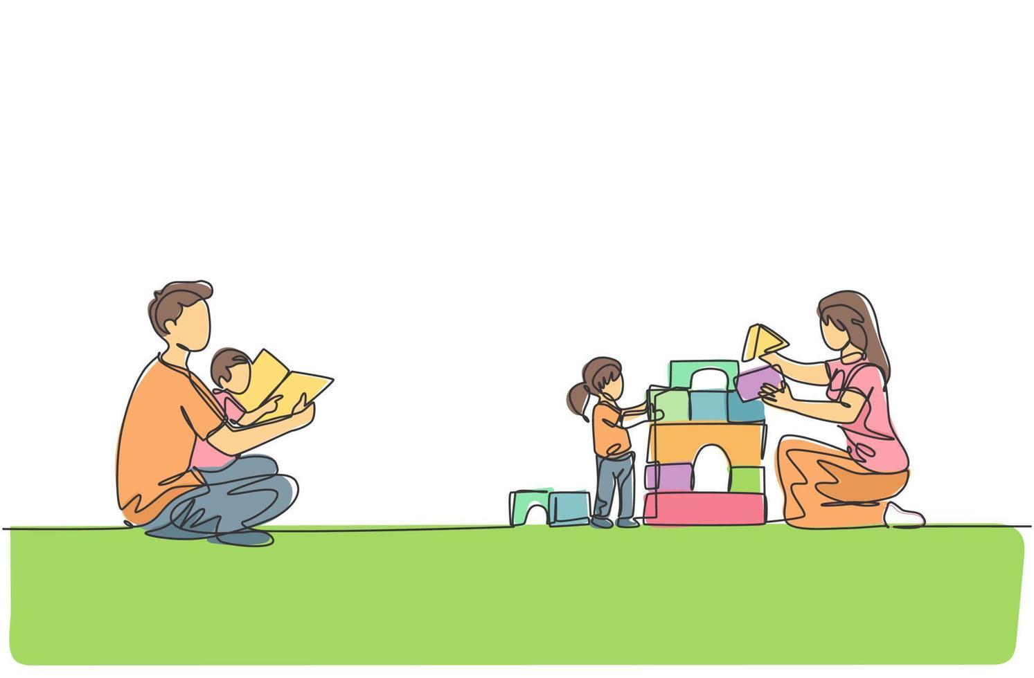 Eine einzige Strichzeichnung des jungen Vaters, der ein Buch für Sohn und Mutter liest, die Blockpuzzle-Haus mit Tochtervektorillustration spielen. glückliches familienerziehungskonzept. modernes Design mit durchgehender Linienführung vektor