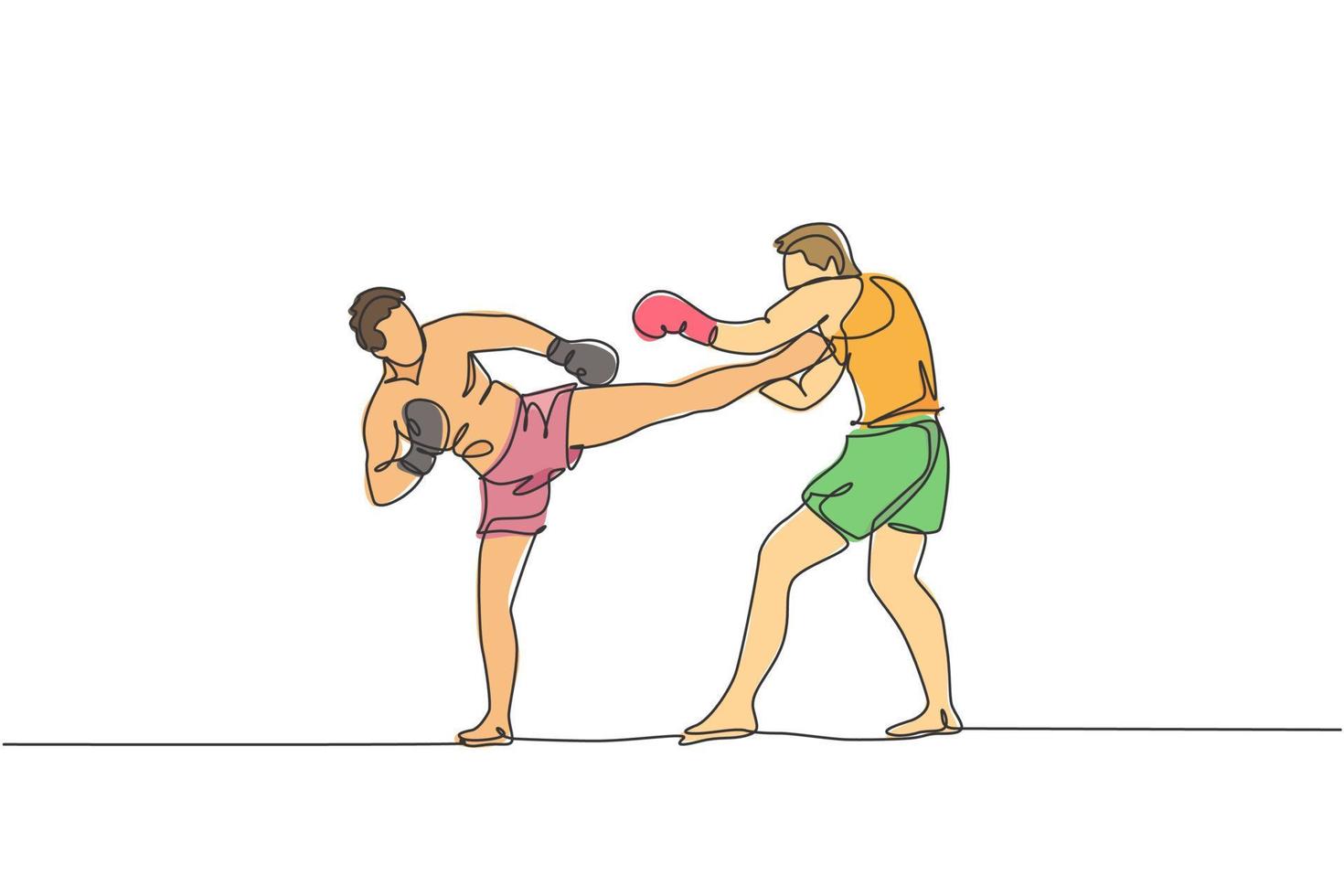 en kontinuerlig linjeteckning av två unga sportiga män kickboxer-atlet som tränar tillsammans på gymcentret. sparringskamp. stridbar kickboxning sport koncept. enkel rad rita design vektorillustration vektor