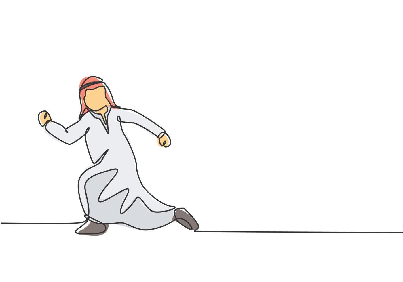 enda enradsteckning av ung arabisk affärsman som körs efter arbetsdagens slut. affärstid disciplin brådskande metafor koncept. modern kontinuerlig linje rita design grafisk vektor illustration