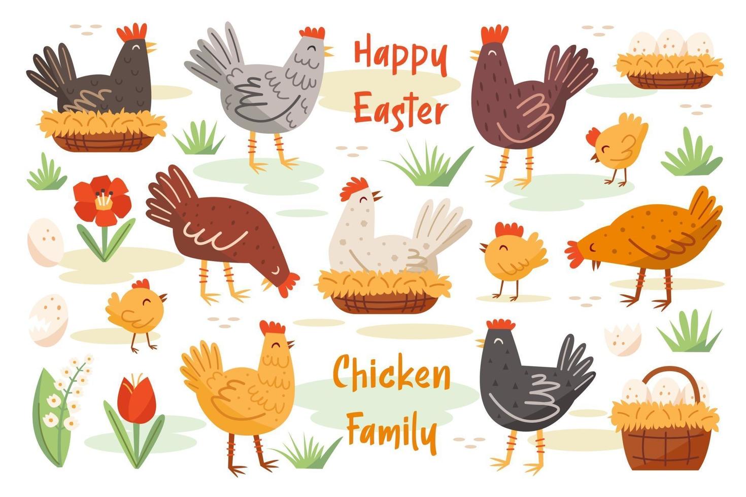 uppsättning kycklingfamilj. kyckling, höna, kuk. husdjur, fåglar. glada påskelement. vektor