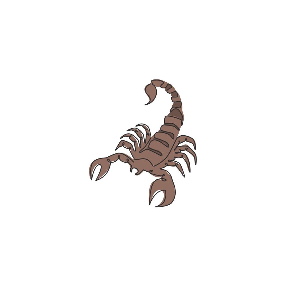 enda kontinuerlig linjeteckning av dödlig skorpion för företagets logotypidentitet. dödlig leddjur maskot koncept för kampsport klubbikon. en rad rita grafisk design vektorillustration vektor