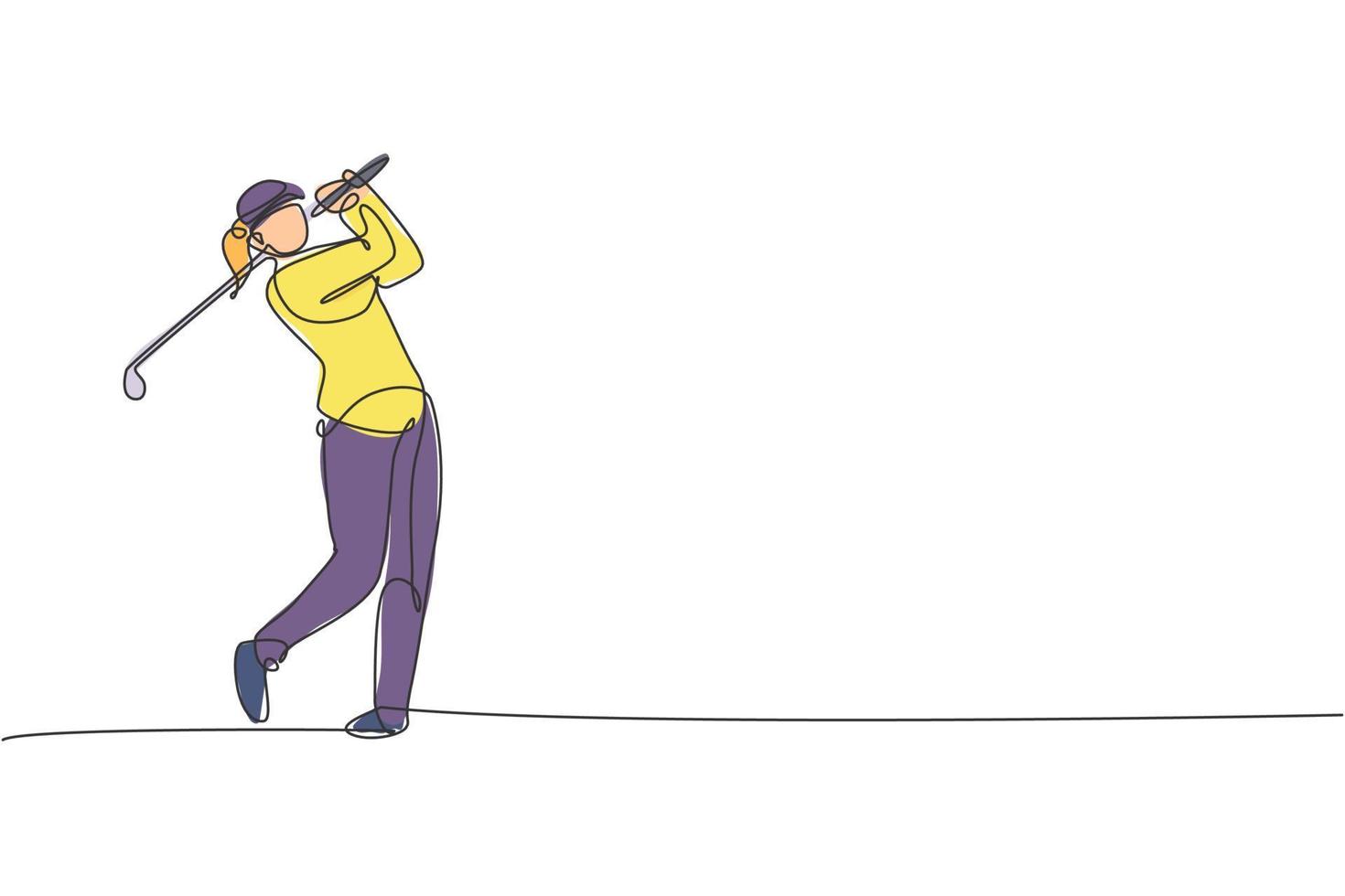 enda kontinuerlig linjeteckning av unga glada golfspelare svingar golfklubban för att slå bollen. hobby sport koncept. trendiga en rad rita design vektor illustration för golf turnering marknadsföring media