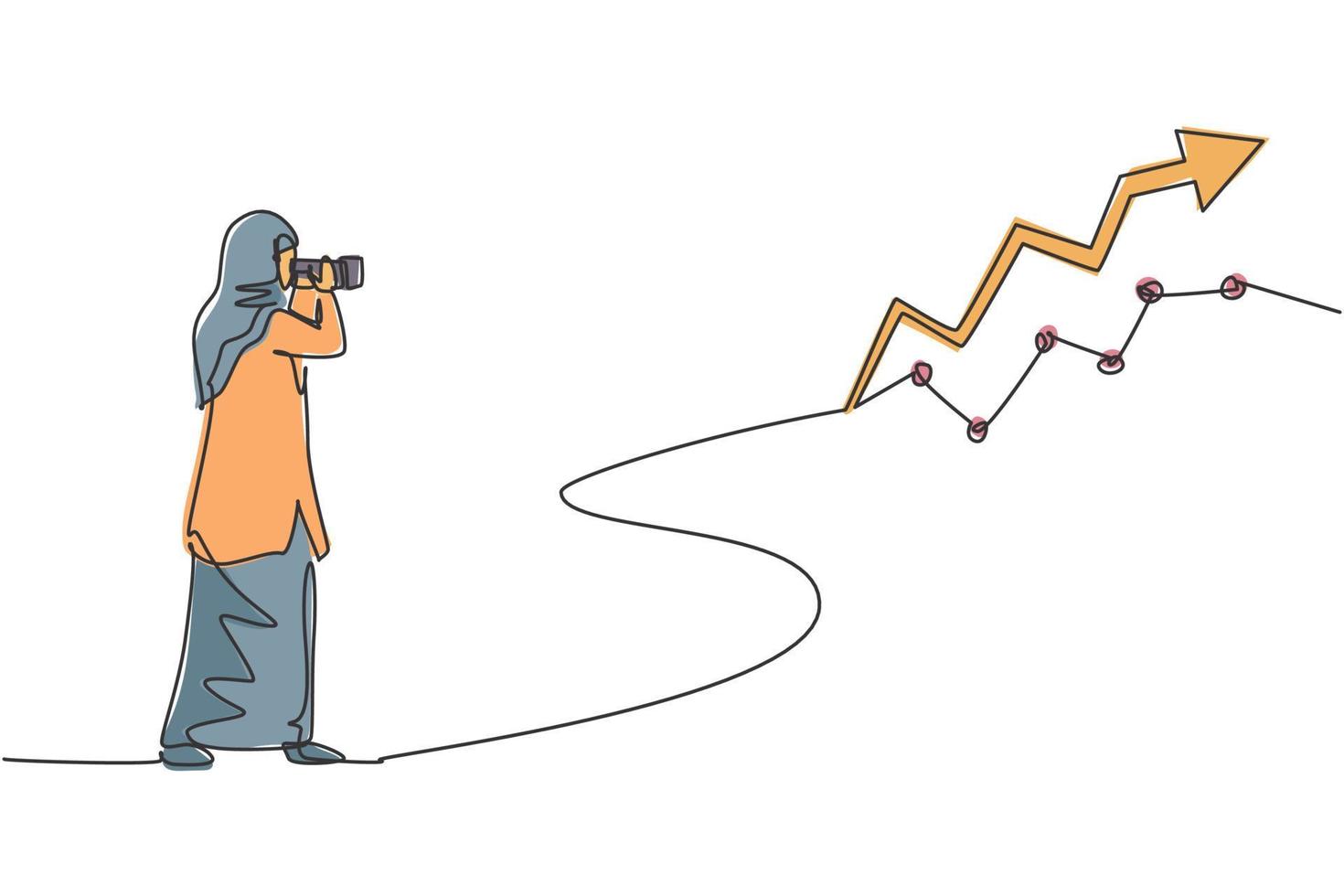 enda kontinuerlig radritning ung skönhet arabisk chef tittar på försäljningsrapportdiagram på väggen. professionell affärskvinna. minimalism koncept dynamisk en rad rita grafisk design vektor illustration