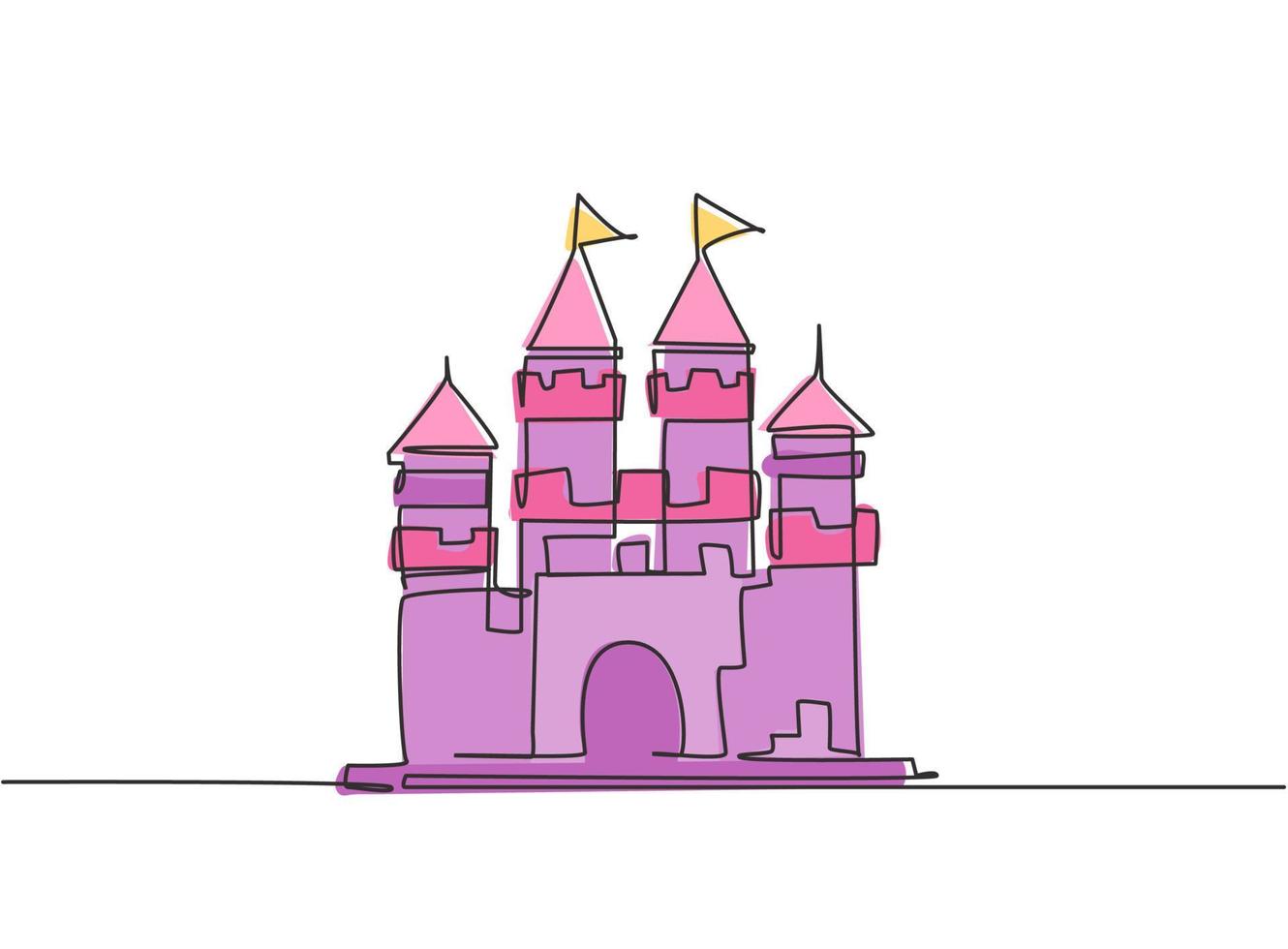 enda enradsteckning av slott i en nöjespark med fyra torn och två flaggor på. ett fort som innehåller en atmosfär i en saga. kontinuerlig linje rita design grafisk vektor illustration