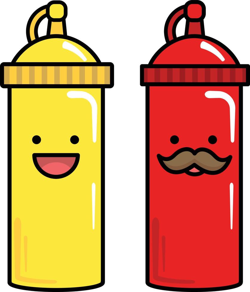 ketchup och senap flaskor söt tecknad serie snabb mat ta ut vektor
