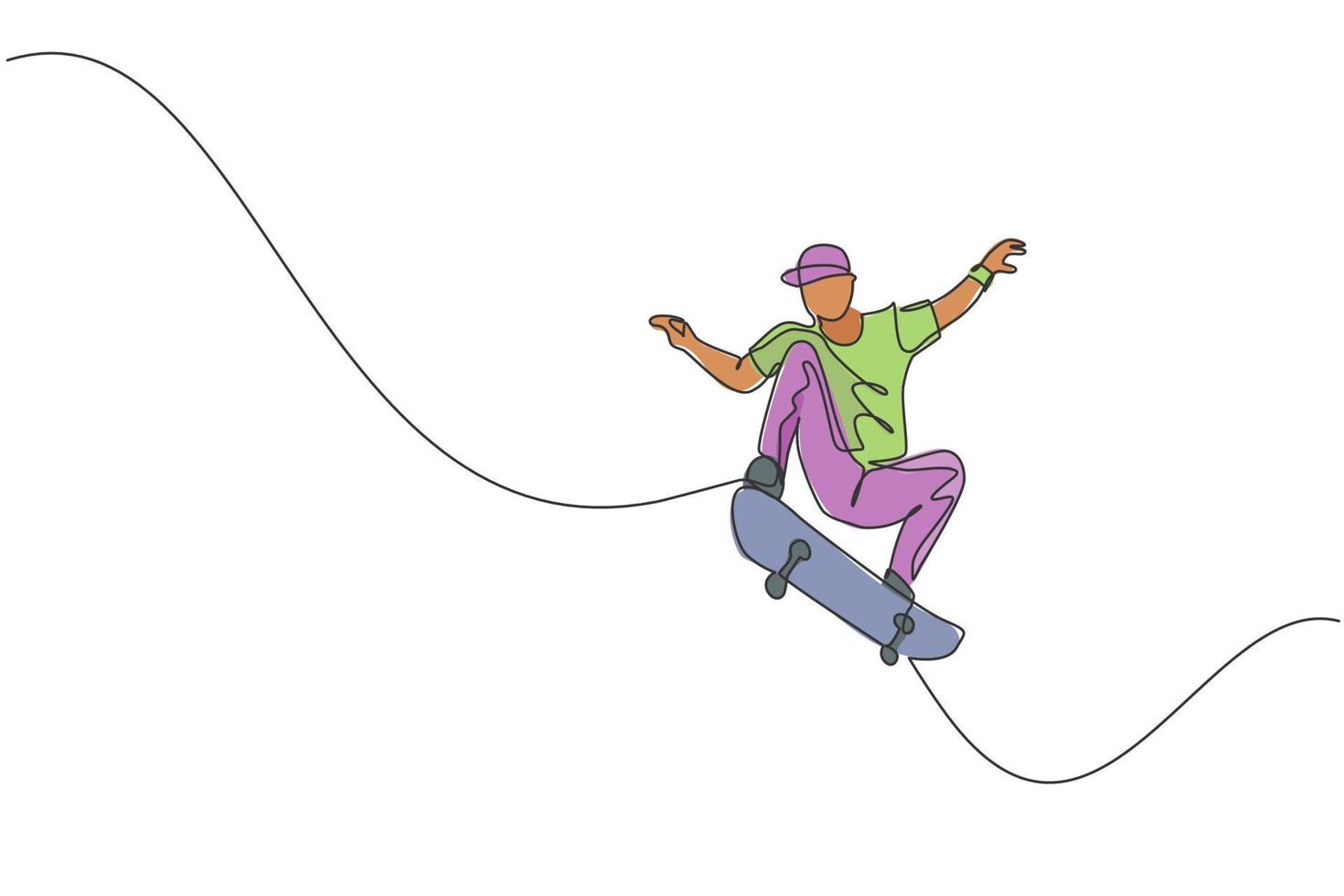 en kontinuerlig linjeteckning av ung cool skateboardåkare man rider skateboard och gör ett hopptrick i skatepark. extrem tonåring sport koncept. dynamisk enda rad rita design vektorillustration vektor