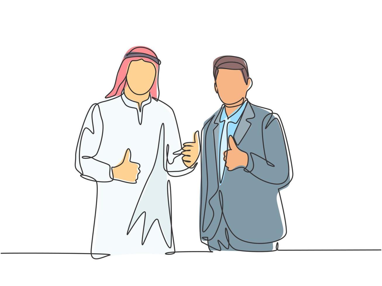 en enda linjeteckning av ung glad muslimsk affärsman samarbetar med utländskt företag. saudiarabien tyg shmag, kandora, halsduk, thobe. kontinuerlig linje rita design vektor illustration
