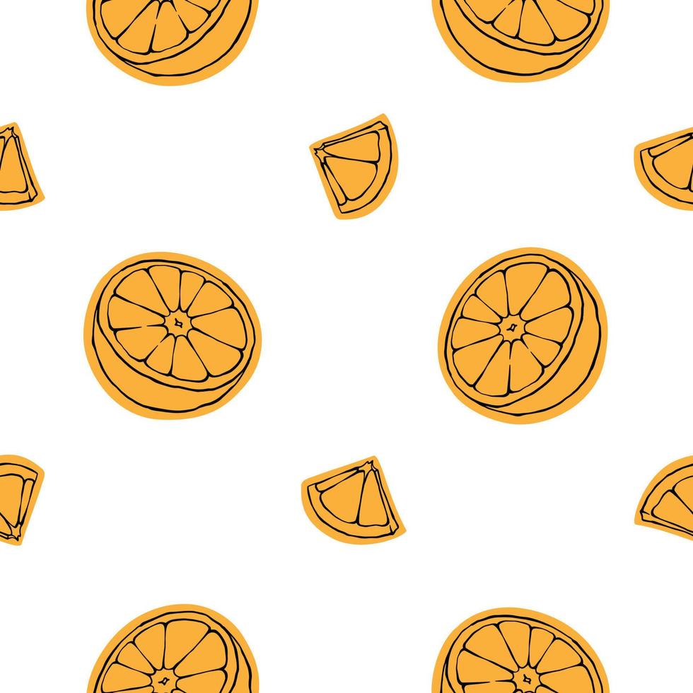 Orange Stücke nahtlos Muster auf Weiß Hintergrund. Vektor minimalistisch Sommer- Zitrusfrüchte Obst Hintergrund Design zum Speisekarte, Paket, Küche Textil, Verpackung Papier.