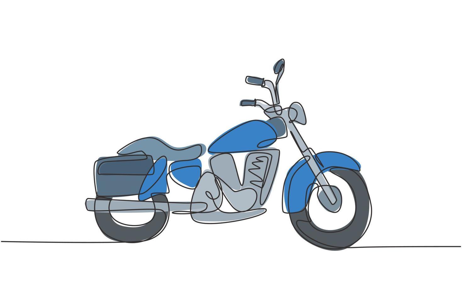 enda kontinuerlig linjeteckning av gammal klassisk vintage motorcykelsymbol. retro motorcykel transport koncept en linje rita design vektor grafisk illustration